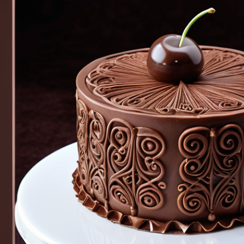 Home 22 ** A professionally decorated cake with intricate chocolate art, highlighting the skills learned in advanced pastry courses. Emphasize the elegance and detail. Focus on the phrase "nghệ thuật tạo hình chocolate".
**