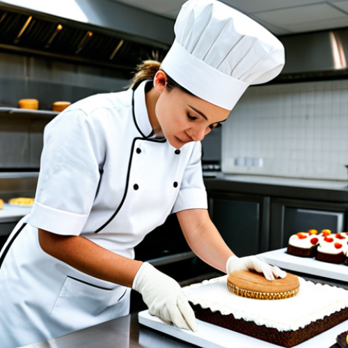Home 20 A skilled professional female baker in a clean, modest chef's coat and apron, fully clothed, appropriate attire, professional dress. She is meticulously applying intricate piping to a beautifully designed modern cake on a pristine stainless steel countertop. Her hands are well-formed with proper finger count, in a natural pose, showcasing perfect anatomy and natural body proportions. The scene is set in a brightly lit, spotless commercial bakery kitchen with gleaming modern equipment in the background. High quality, professional photography, correct proportions, safe for work, appropriate content, family-friendly.
