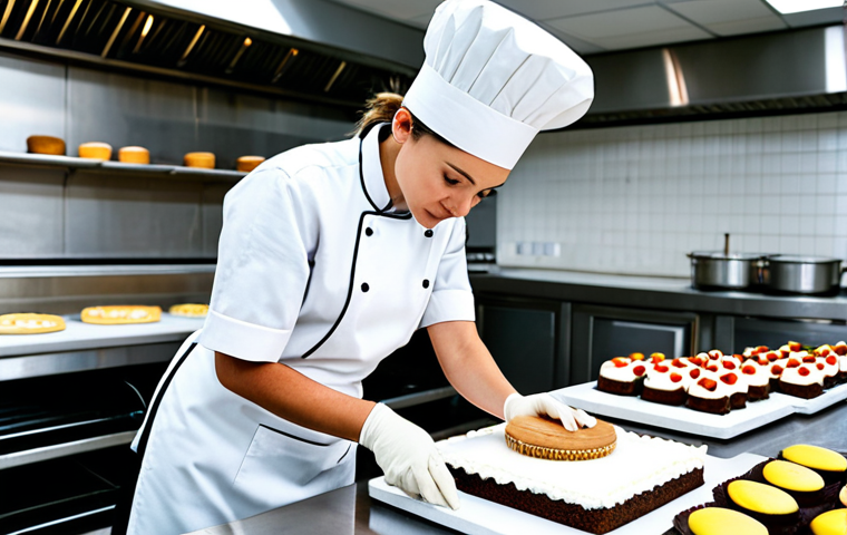 A skilled professional female baker in a clean, modest chef's coat and apron, fully clothed, appropriate attire, professional dress. She is meticulously applying intricate piping to a beautifully designed modern cake on a pristine stainless steel countertop. Her hands are well-formed with proper finger count, in a natural pose, showcasing perfect anatomy and natural body proportions. The scene is set in a brightly lit, spotless commercial bakery kitchen with gleaming modern equipment in the background. High quality, professional photography, correct proportions, safe for work, appropriate content, family-friendly.