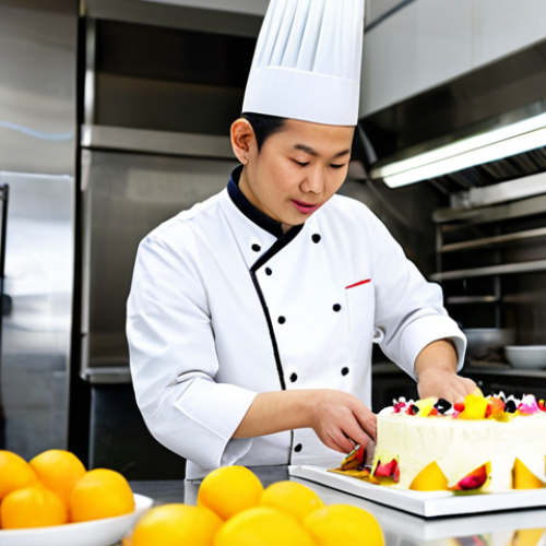 Home 11 **Subject:** A skilled Vietnamese pastry chef, *áo bà ba* attire, meticulously decorating a *bánh kem* (cream cake) with fresh tropical fruits (mango, dragon fruit, rambutan), using piping bag skills. **Environment:** Bright, modern bakery kitchen with stainless steel counters and professional equipment. **Modifiers:** High-resolution, professional photography, natural lighting, focus on detail, perfect anatomy, correct proportions, fully clothed, appropriate content, safe for work, family-friendly, professional.