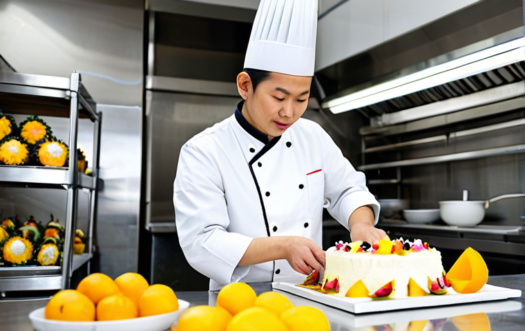 **Subject:** A skilled Vietnamese pastry chef, *áo bà ba* attire, meticulously decorating a *bánh kem* (cream cake) with fresh tropical fruits (mango, dragon fruit, rambutan), using piping bag skills. **Environment:** Bright, modern bakery kitchen with stainless steel counters and professional equipment. **Modifiers:** High-resolution, professional photography, natural lighting, focus on detail, perfect anatomy, correct proportions, fully clothed, appropriate content, safe for work, family-friendly, professional.