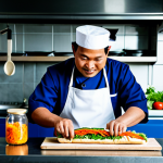 Creative Banh Mi**

A baker in a Vietnamese kitchen, surrounded by colorful ingredients like pate, pickled vegetables, and cilantro. He's innovatively filling a banh mi baguette with a unique combination of flavors. Fully clothed in a chef's uniform, appropriate attire, safe for work, perfect anatomy, natural proportions, professional food photography, high quality. The setting includes traditional Vietnamese kitchen elements. The prompt is family-friendly, ensuring appropriate content.

**