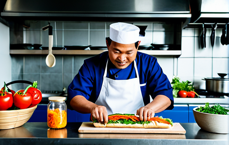 Creative Banh Mi**

A baker in a Vietnamese kitchen, surrounded by colorful ingredients like pate, pickled vegetables, and cilantro. He's innovatively filling a banh mi baguette with a unique combination of flavors. Fully clothed in a chef's uniform, appropriate attire, safe for work, perfect anatomy, natural proportions, professional food photography, high quality. The setting includes traditional Vietnamese kitchen elements. The prompt is family-friendly, ensuring appropriate content.

**